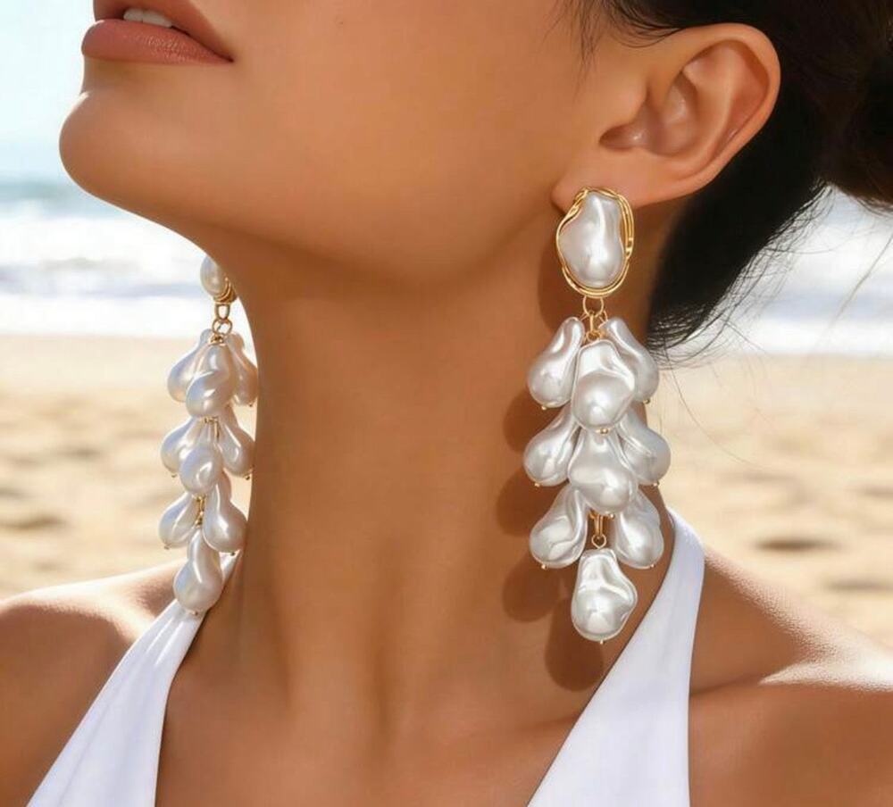 Pierced 4 3/4" XXL gold and odd shaped dangle pearl earrings